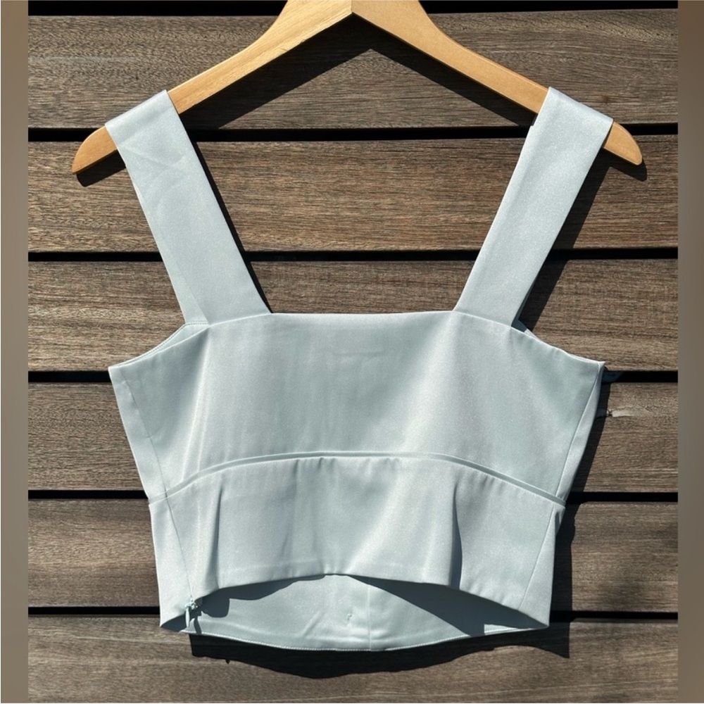 The Kooples Mint Green Satin Crop Top Pearl Button Front Square Neck XS NWT $150 - Picture 4 of 7